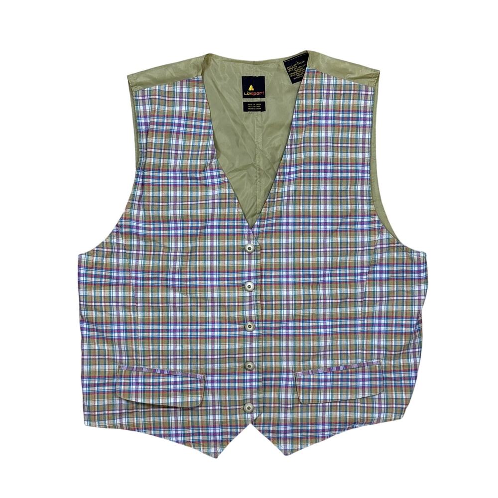 Lizsport Vintage Plaid Button Front Vest Tan Women Large Cottagecore Grandma